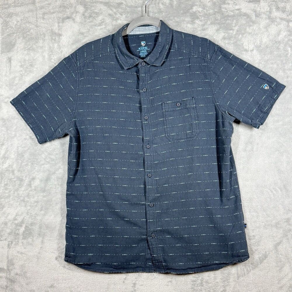 Kuhl Mens Born In The Mountains Shirt L Short Sleeve Blue Linen Cotton Button Up